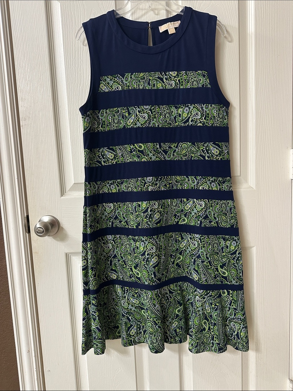 Michael Kors Navy and Green Striped Paisley Midi Dress